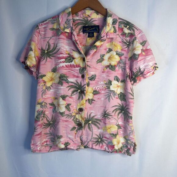 Island Traders Pink Floral Hawaiian Tropical Short Sleeve Button Front Shirt MD - Picture 8 of 8